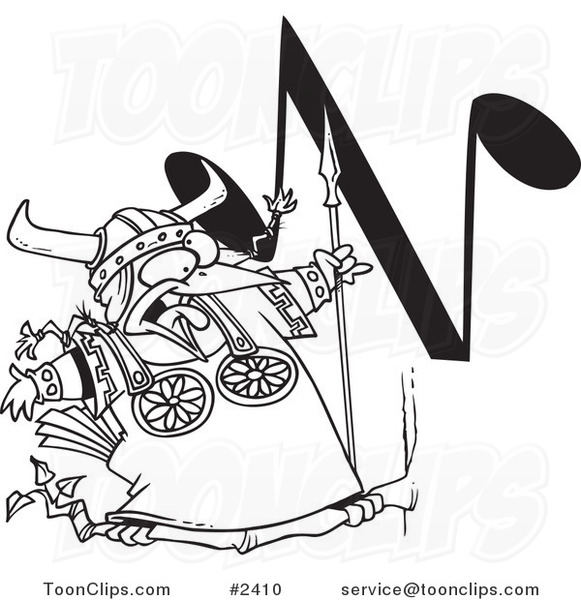 Cartoon Black and White Line Drawing of a Singing Viking Bird with an N Music Note