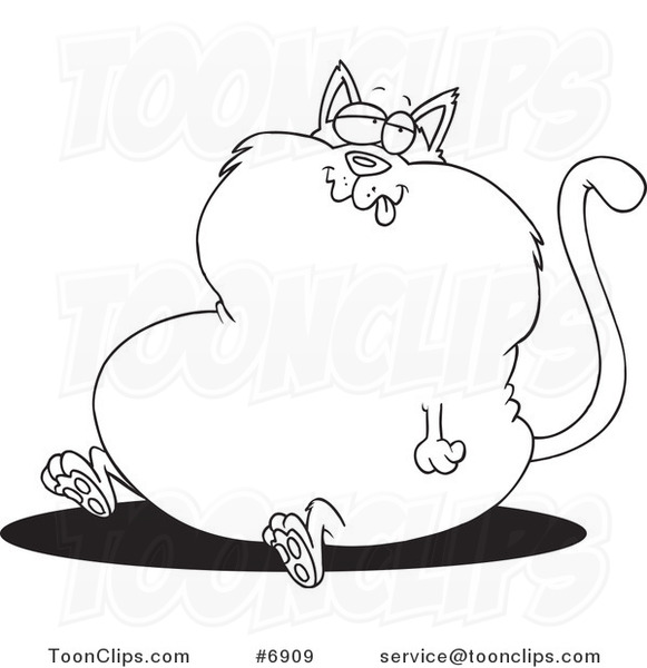 Cartoon Black and White Line Drawing of a Sitting Fat Cat