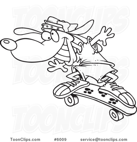 Cartoon Black and White Line Drawing of a Skateboarding Dog
