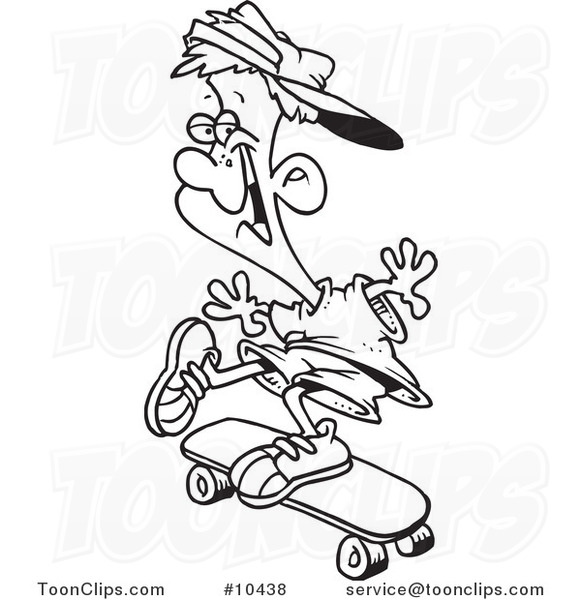 Cartoon Black and White Line Drawing of a Skater Boy