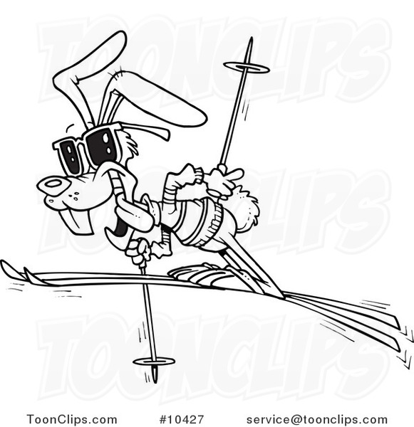 Cartoon Black and White Line Drawing of a Ski Rabbit