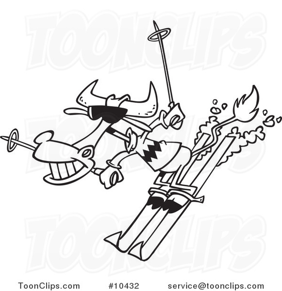Cartoon Black and White Line Drawing of a Skiing Cow