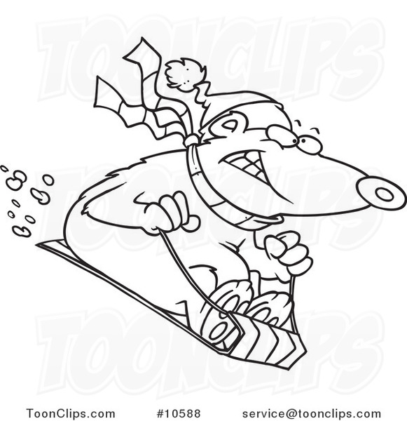 Cartoon Black and White Line Drawing of a Sledding Bear