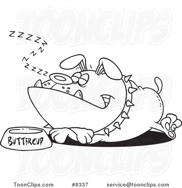 Cartoon Black and White Line Drawing of a Sleeping Bulldog by His Food Dish