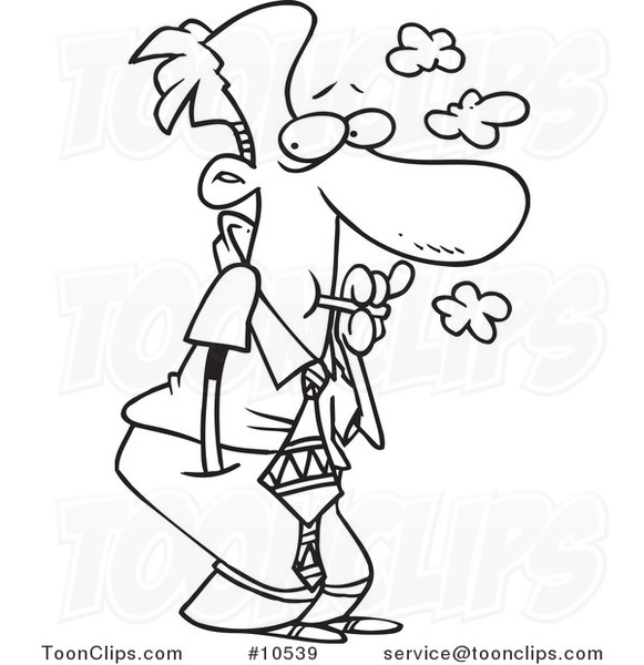 Cartoon Black and White Line Drawing of a Sneaky Business Man Smoking