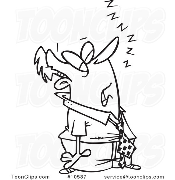 Cartoon Black and White Line Drawing of a Snoozing Business Man
