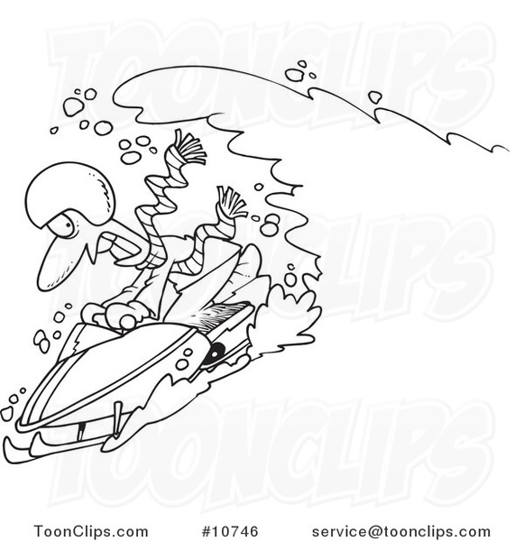 Cartoon Black and White Line Drawing of a Snow Chasing a Snowmobiling Guy