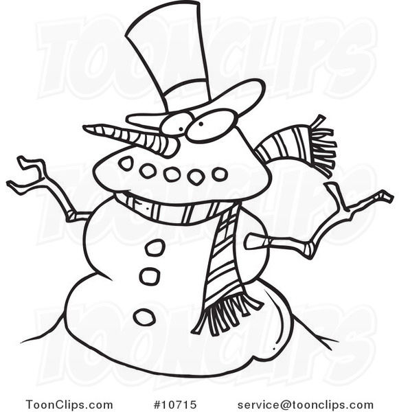 Cartoon Black and White Line Drawing of a Snowman