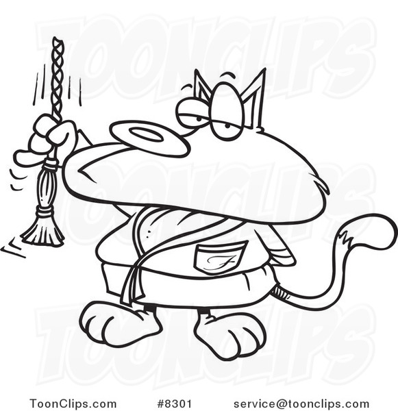 Cartoon Black and White Line Drawing of a Spoiled Cat Ringing a Bell