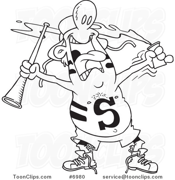 Cartoon Black and White Line Drawing of a Sports Fan with Body Paint