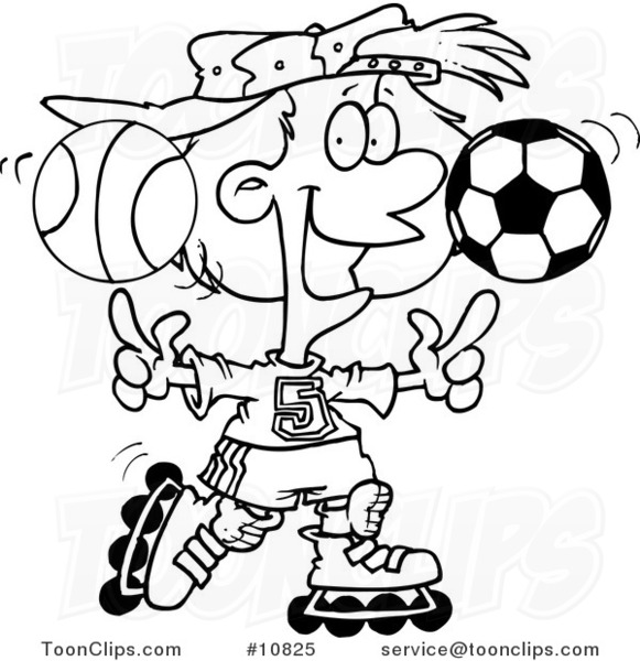 Cartoon Black and White Line Drawing of a Sporty Girl Roller Blading with a Basketball and Soccer Ball