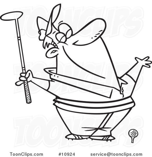Cartoon Black and White Line Drawing of a Spring Golfer Smelling the Air