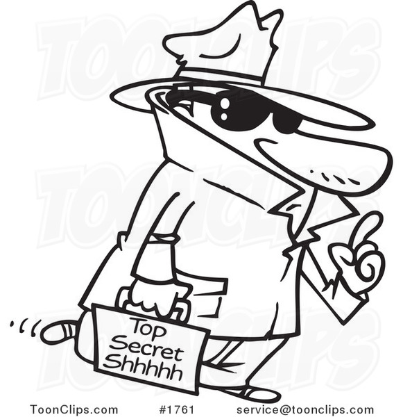 Cartoon Black and White Line Drawing of a Spy Carrying Top Secret