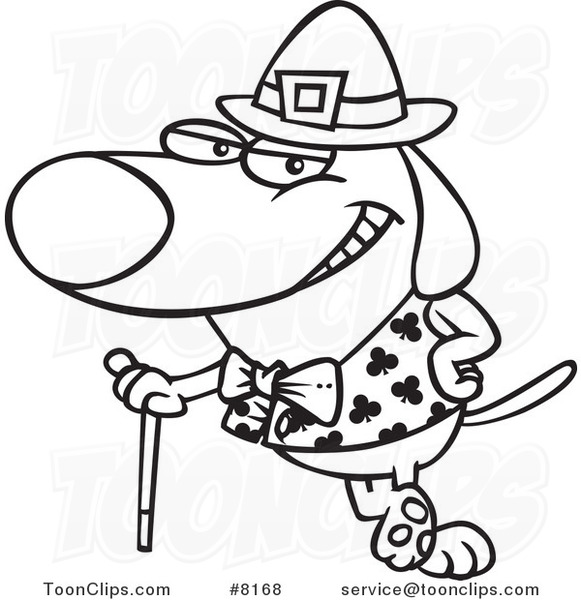 Cartoon Black and White Line Drawing of a St Patricks Day Dog Leaning on a Cane