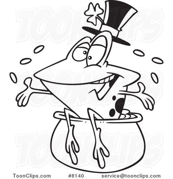 Cartoon Black and White Line Drawing of a St Patricks Day Frog on a Pot of Gold