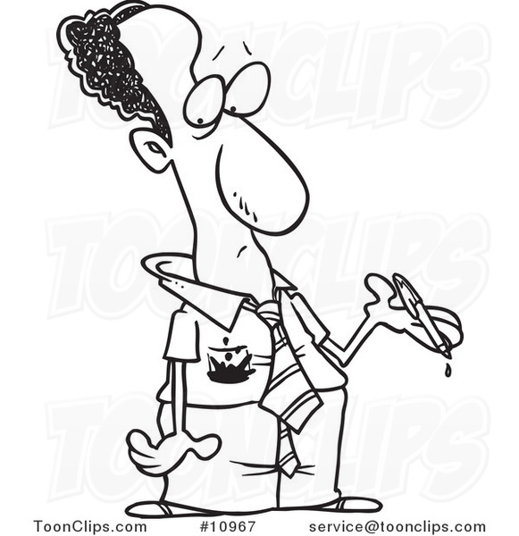 Cartoon Black and White Line Drawing of a Stained Black Business Man Holding a Pen