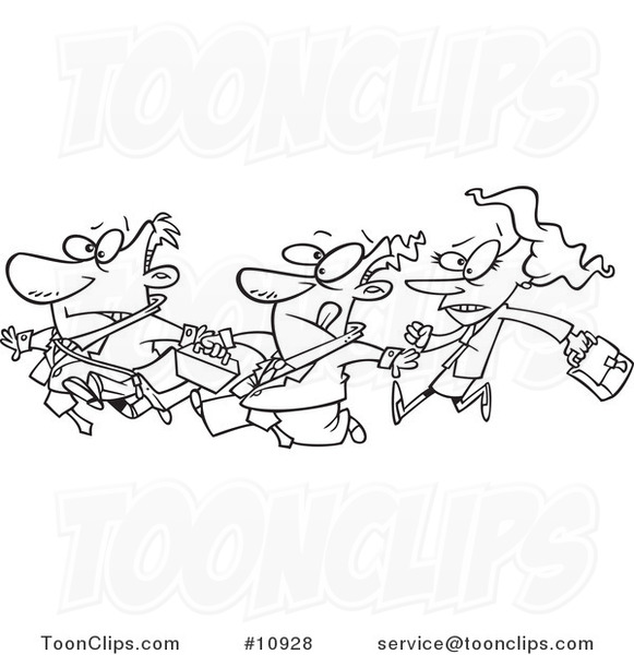 Cartoon Black and White Line Drawing of a Stampede of Business People