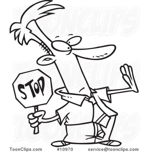 Cartoon Black and White Line Drawing of a Stopping Business Man