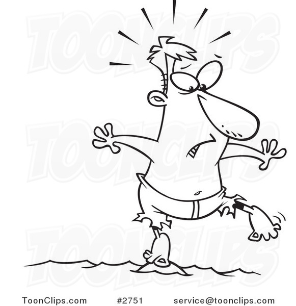 Cartoon Black and White Line Drawing of a Stranded Guy Standing on a ...