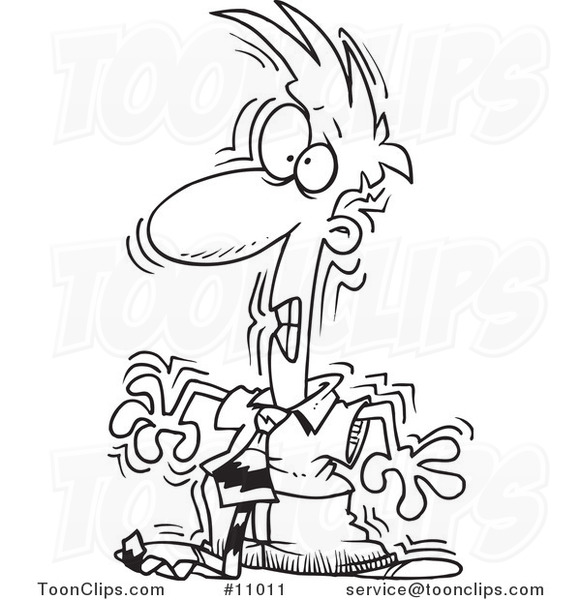 Cartoon Black and White Line Drawing of a Stressed Business Man Shaking