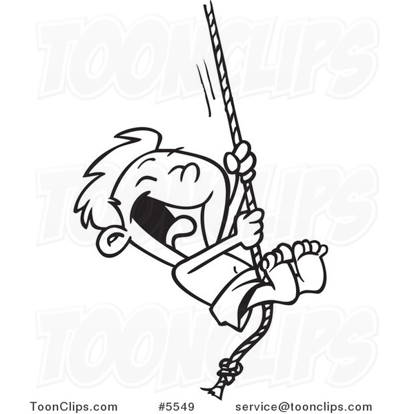 Cartoon Black and White Line Drawing of a Summer Boy on a Rope