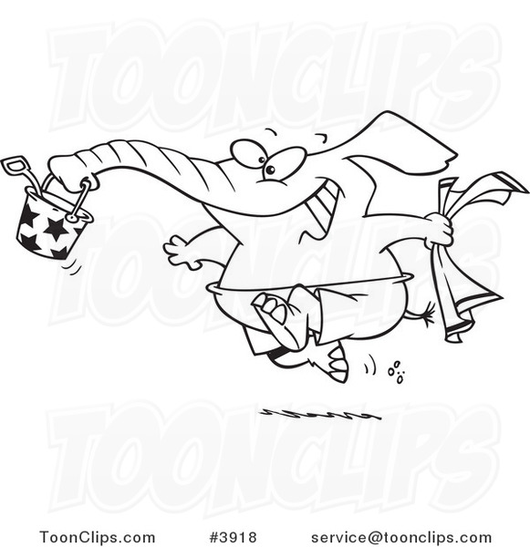 Cartoon Black and White Line Drawing of a Summer Elephant Running on a Beach
