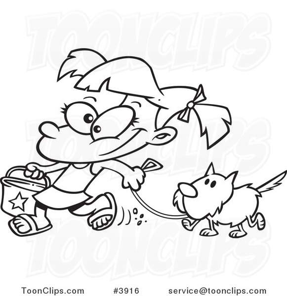 Cartoon Black and White Line Drawing of a Summer Girl Walking Her Dog on the Beach
