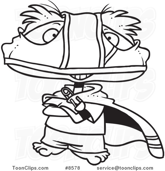 Cartoon Black and White Line Drawing of a Super Boy Wearing an