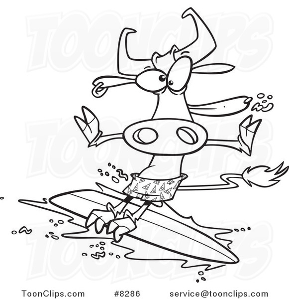 Cartoon Black and White Line Drawing of a Surfer Cow