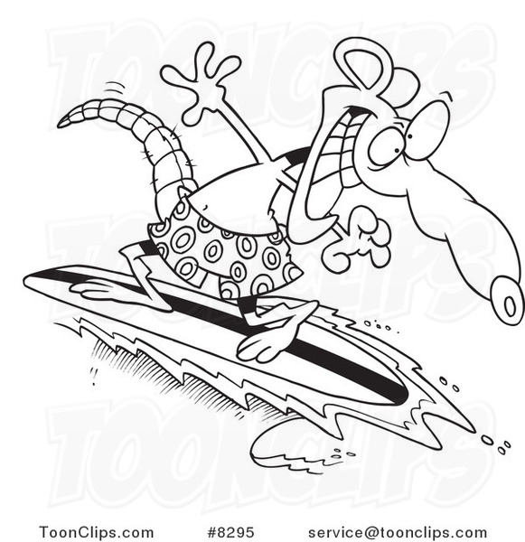 Cartoon Black and White Line Drawing of a Surfer Rat