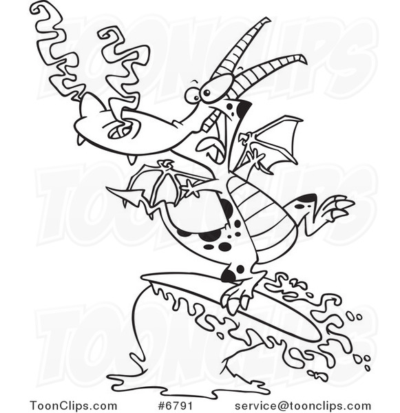 Cartoon Black and White Line Drawing of a Surfing Dragon