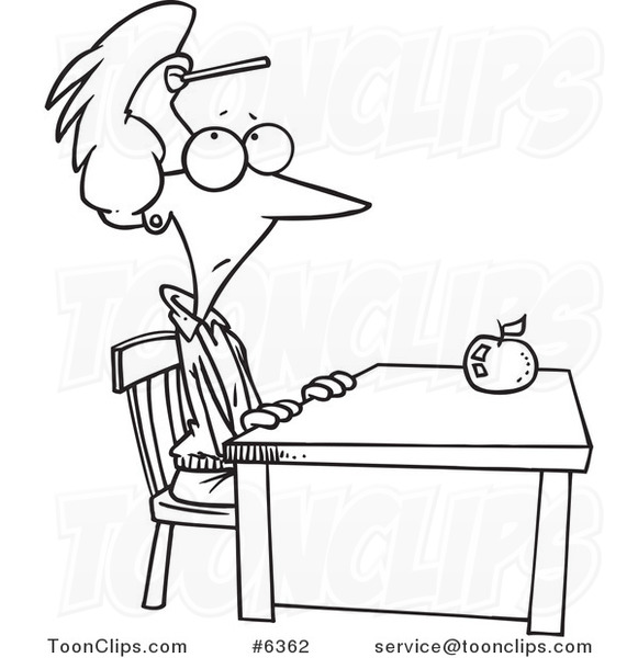Cartoon Black And White Line Drawing Of A Teacher Sitting At Her