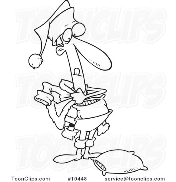 Cartoon Black and White Line Drawing of a Thin Guy Dressing As Santa
