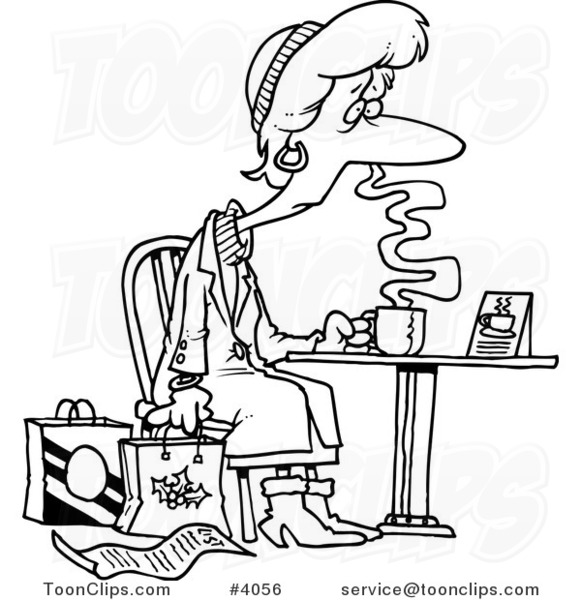 Cartoon Black and White Line Drawing of a Tired Christmas Shopper Drinking Coffee