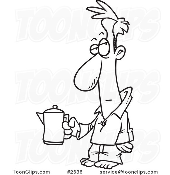 Cartoon Black and White Line Drawing of a Tired Guy Holding a Coffee ...