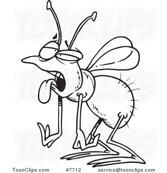 Cartoon Black and White Line Drawing of a Tired House Fly #7712 by Ron  Leishman