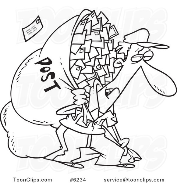 Cartoon Black and White Line Drawing of a Tired Mail Guy Carrying a Big Bag  #6234 by Ron Leishman