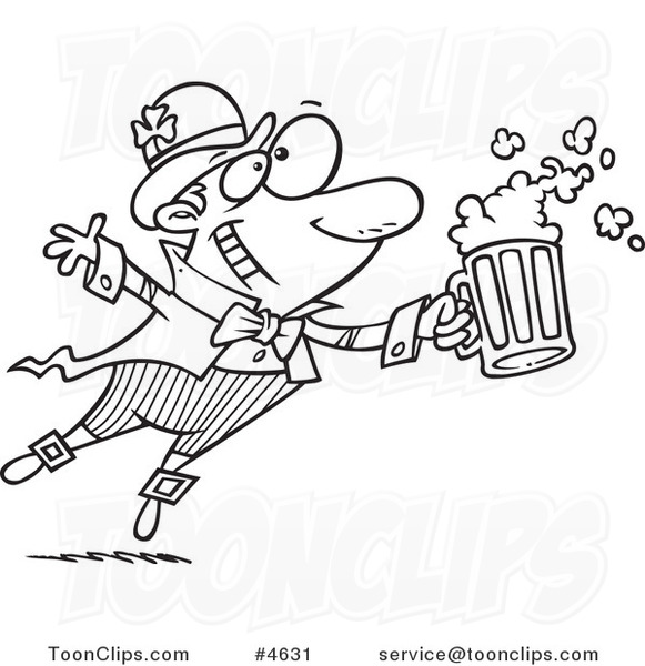 Cartoon Black and White Line Drawing of a Toasting Leprechaun