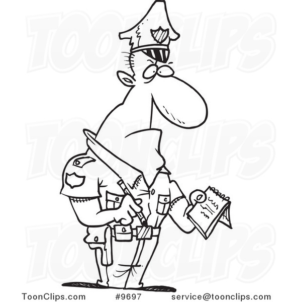 Cartoon Black and White Line Drawing of a Tough Cop Writing a Ticket