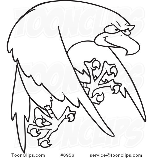 Cartoon Black and White Line Drawing of a Tough Falcon