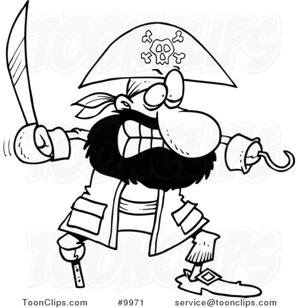 Cartoon Black and White Line Drawing of a Tough Pirate with a Sword