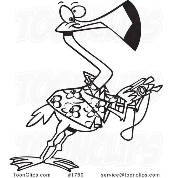 Cartoon Black and White Line Drawing of a Tourist Flamingo Taking Pictures