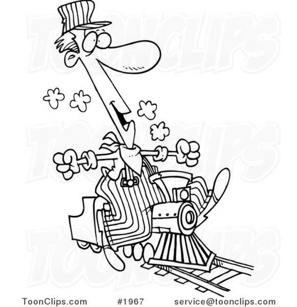 Cartoon Black and White Line Drawing of a Train Engineer Riding a Small  Locomotive #1967 by Ron Leishman
