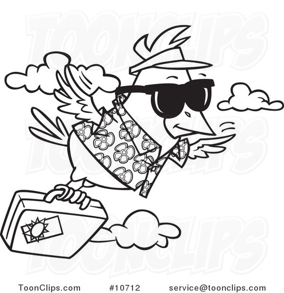 Cartoon Black and White Line Drawing of a Traveling Bird Flying with Luggage
