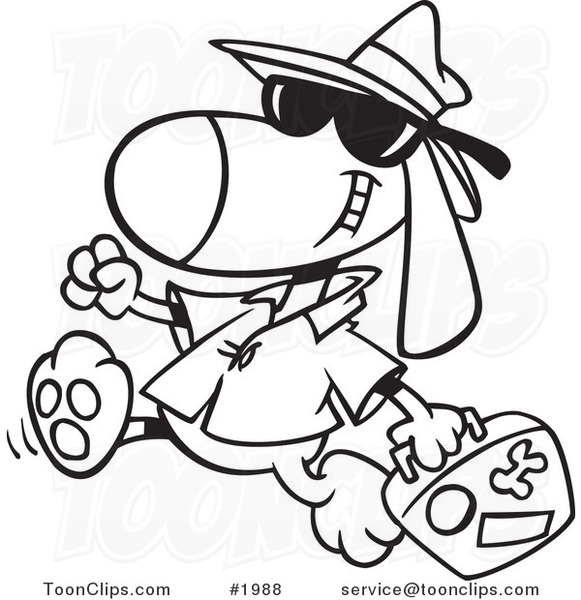Cartoon Black and White Line Drawing of a Traveling Dog Carrying Luggage