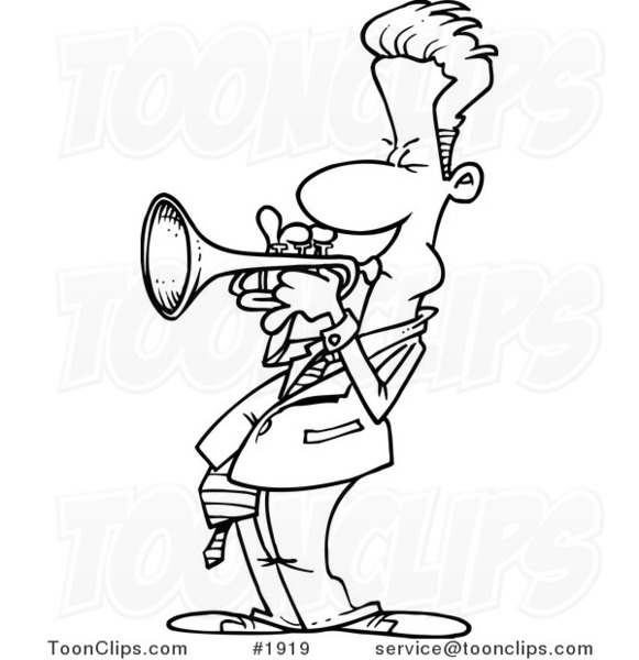 Cartoon Black and White Line Drawing of a Trumpet Player