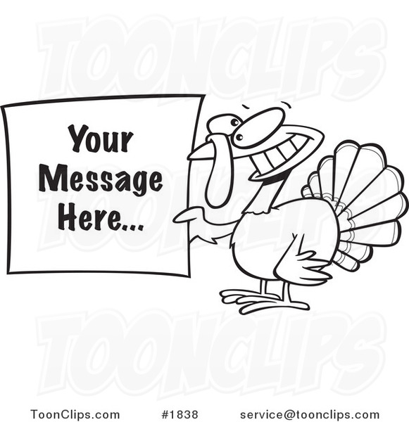 Cartoon Black and White Line Drawing of a Turkey Bird Holding a Sign with Sample Text