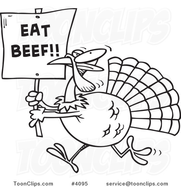 Cartoon Black and White Line Drawing of a Turkey with an Eat Beef Sign