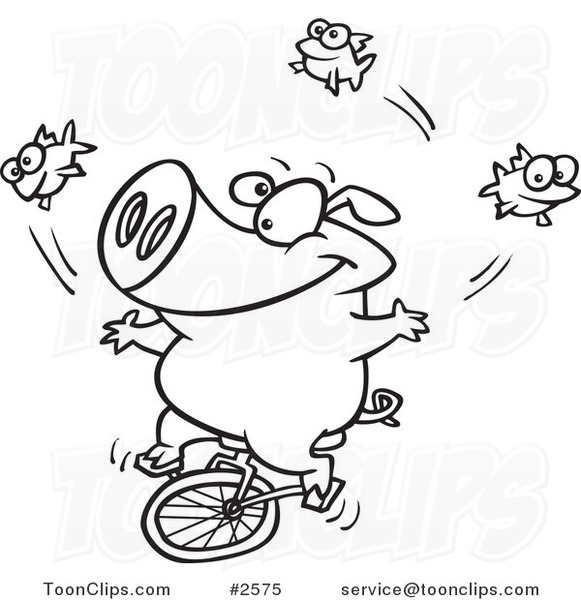 Cartoon Black and White Line Drawing of a Unicycling Pig Juggling Fish
