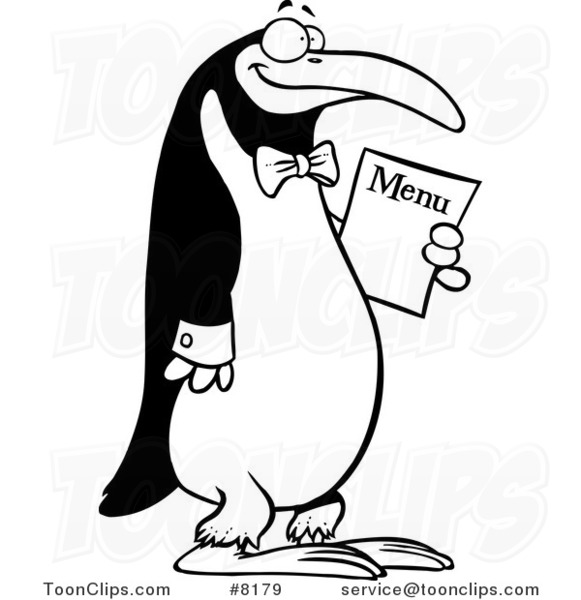 Cartoon Black and White Line Drawing of a Waiter Penguin Holding a Menu